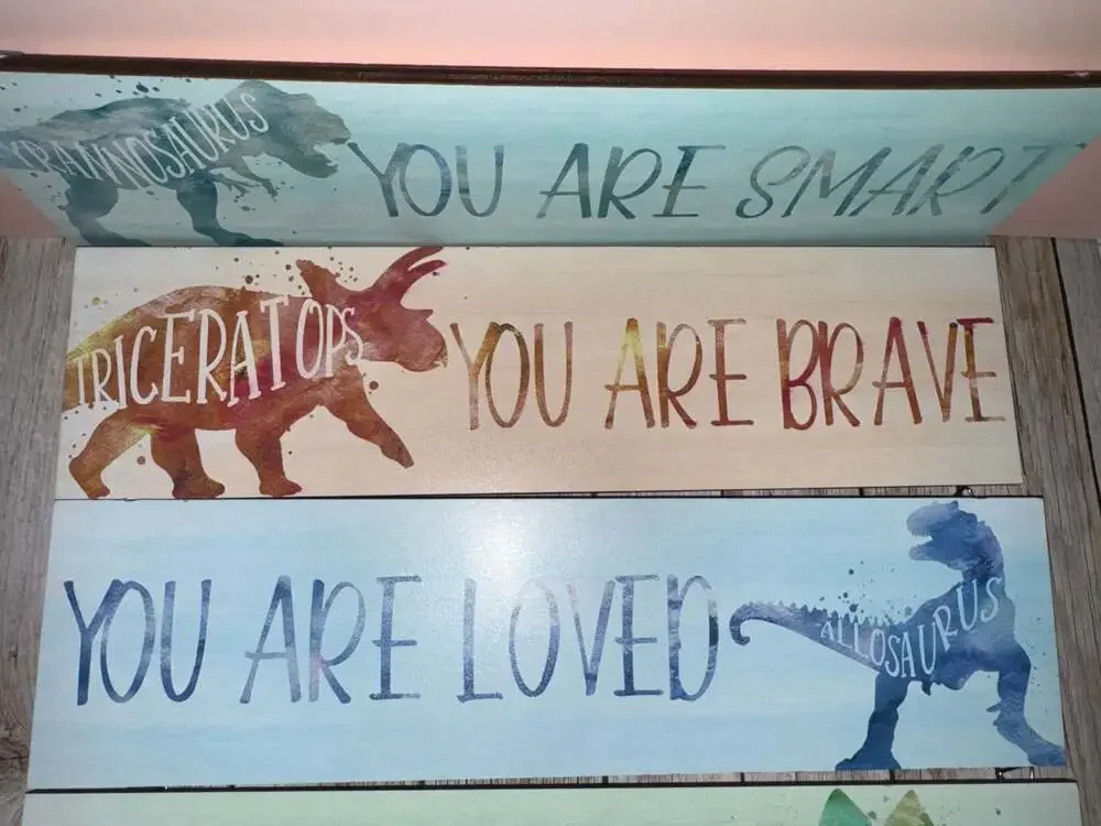 Set of 4 Dinosaur Inspirational Wooden Wall Art Plaque Decor for Kids Room - Picture 3 of 5